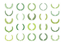 Set Of Green Silhouette Laurel Foliate, Wheat And Olive Wreaths Depicting An Award, Achievement, Heraldry, Nobility. Vector Illustration.