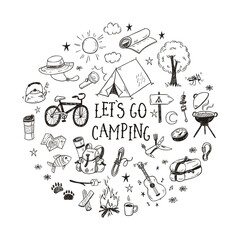 Lets go camping vector illustration with hand drawn camp doodles. Touristic equipment, live on nature concept.