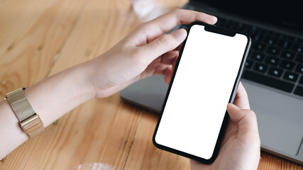 woman using Smartphone. Blank screen mobile phone for graphic display montage.networking service..