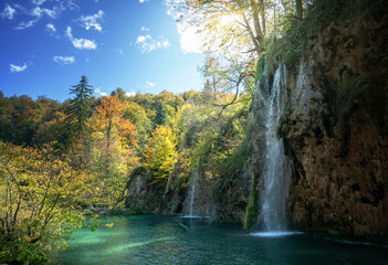Canvas Print - waterfall in forest, plitvice lakes, croatia