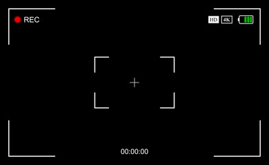 Camera frame viewfinder screen of video recorder, recording video screen, digital display interface. Camera viewfinder, rec icon with information and timing, video screen background