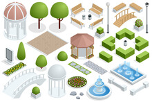 Isometric Icon Set For Construction Beautiful City Parks. Buildings City Garden Park Furniture. City Park Set With Isolated Elements