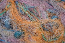 Closeup Of Colorful Nets And Ropes For Fishing Under The Lights In Turkey