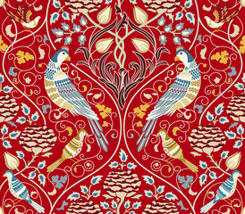 Wall Mural - Vintage flowers and birds seamless pattern on red background. Vector illustration.