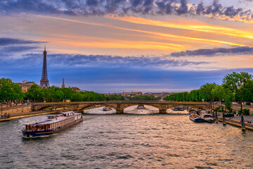 Wall Mural - sunset view of eiffel tower and seine river in paris, france. eiffel tower is one of the most iconic