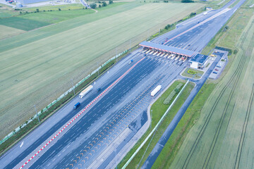 Aerial drone view on toll collection point on the motorway