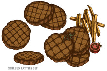 Vector Set Of Hand Drawn Colored Grilled Burger Patties
