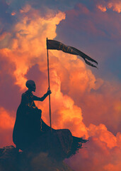 Ancient alien as a wizard on a sunset red light in front of a epic big cloud holding a flag amulet with rune - concept art - 3D rendering 