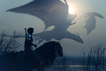 Brave Epic Knight Riding Horse On A Sunset Landscape With Flying Big Dragons - Concept Art - 3D Rendering 
