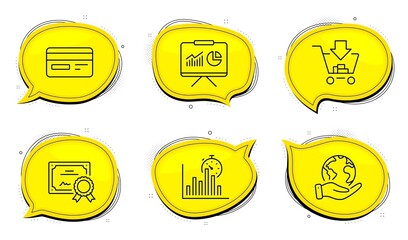 Wall Mural - Shopping sign. Diploma certificate, save planet chat bubbles. Presentation, Report timer and Credit card line icons set. Board with charts, Growth chart, Card payment. Add to cart. Finance set. Vector