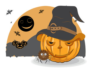 Halloween pumpkin in witch hat and spider