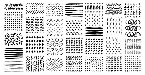 A large set of hand-drawn patterns. Materials - ink, watercolor, pencil, felt-tip pen. Abstract spots, dashes, dots, circles, crosses and waves on a white background.