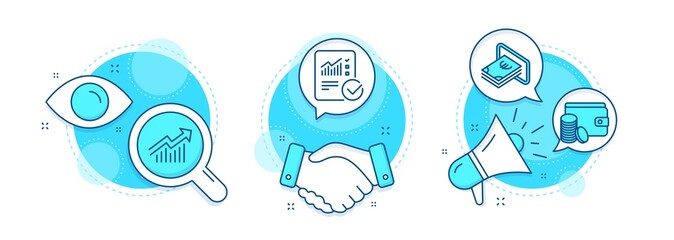 Wall Mural - Payment method, Demand curve and Cash line icons set. Handshake deal, research and promotion complex icons. Checked calculation sign. Wallet with coins, Statistical report, Atm payment. Vector