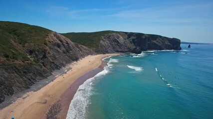 Sticker - Aerial video shooting. Beautiful landscape of Arrifana beach, Aljezur, Portugal, Algarve. Ideal place for surfing, fishing.