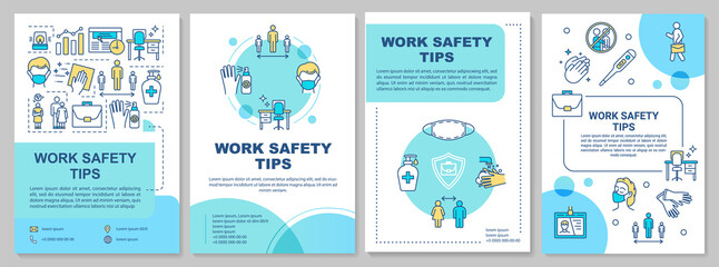 Wall Mural - Work safety tips brochure template. Covid protection in workplace. Flyer, booklet, leaflet print, cover design with linear icons. Vector layouts for magazines, annual reports, advertising posters