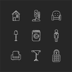 Wall Mural - Home comfort chalk white icons set on black background. Suburban house. Real estate. Urban park. Public garden. Cozy armchair. Laundromat for washing clothes. Isolated vector chalkboard illustrations