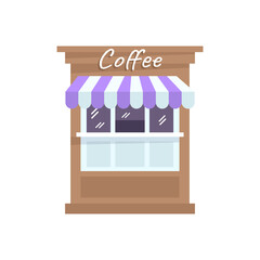 Sticker - Coffee stall semi flat RGB color vector illustration. Street kiosk selling hot beverage, small local coffeeshop. Street fair booth with drinks isolated cartoon object on white background