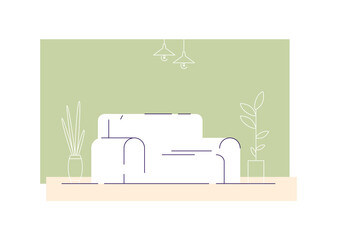 Sticker - Living room semi flat vector illustration. Apartment room with comfortable sofa 2D cartoon interior for commercial use. Home decor, cozy accommodation furnishing with divan and houseplants