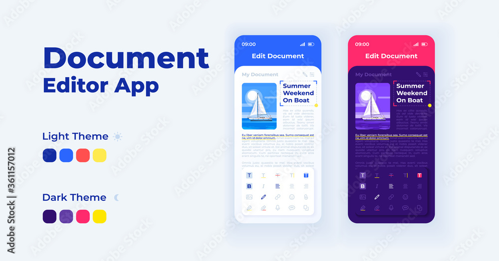 Document editor smartphone interface vector templates set. Mobile app ...