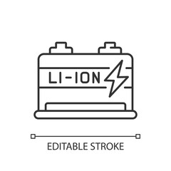 Poster - Lithium ion battery linear icon. Modern electric equipment thin line customizable illustration. Contour symbol. Energy efficient accumulator vector isolated outline drawing. Editable stroke