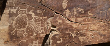 Native American Indian Rock Art Petroglyph Owl Panel Panorama 1409. Nine Mile Canyon, Utah. World’s Longest Art Gallery Of Ancient Native American, Indian Rock Art, Hieroglyphs, Pictographs.