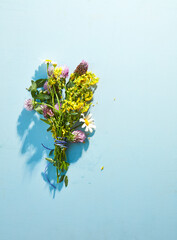 bouquet of wild flowers on a blue background
