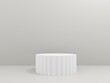 Exhibition stand, podium in the form of classic Greek pillars. 3D render illustration for advertising goods, products, museum expansions. Simple light background with classic cornice on the wall.