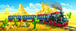 locomotive in the wild west. Steam train rides among the sands and cacti. Vector illustration of a western.