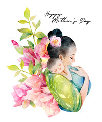 Watercolor illustration. Japanese mother with baby and magnolias