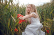 © Олег Кошевський - beautiful little girl with blond hair in a white dress in the background of a beautiful field. Girl with a bouquet of red poppies