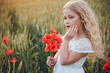 © Олег Кошевський - beautiful little girl with blond hair in a white dress in the background of a beautiful field. Girl with a bouquet of red poppies