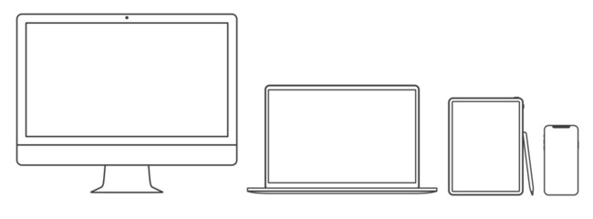 Thin line set of 2020 new design thin frame Computer monitor, laptop, tablet, smart phone - Eps 10 Vector template mock up.