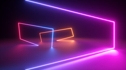 3d render, abstract background with colorful neon light. Performance stage laser show illumination. Rectangular geometric shapes, square frames, virtual reality. Glowing neon lines. Modern design