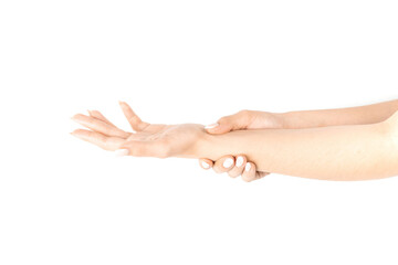 Wall Mural - Hand massage. Female finger exercise, stretch therapy for pain wrist protective isolated on white background. Healthy yoga exercise. Woman hand massage for carpal tunnel syndrome protection.