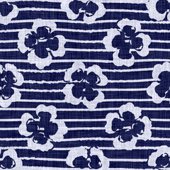 Wall Mural - Indigo blue flower block print damask dyed texture background. Seamless woven japanese repeat batik pattern swatch. Floral organic distressed block print cotton cloth. Asian all over textile. 