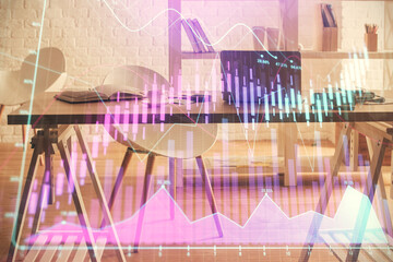 Multi exposure of stock market chart drawing and office interior background. Concept of financial analysis.