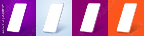 Photographie White smartphone display screen in the rotated position on different fashionable and modern backgrounds