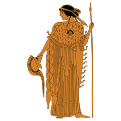 Wall Mural - Standing ancient Greek goddess Athena with spear and helmet. Vase painting style.