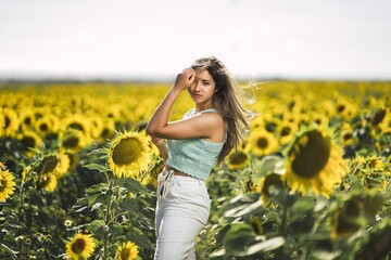 Poster - Horizontal shot of a caucasian young female posing in a bright field of sunflowers on a sunny day