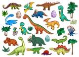 Fototapeta Dinusie - Dinosaurs cartoon set with cute dino animals, babies in eggs and palm trees. Funny triceratops, stegosaurus, brontosaurus, t-rex and tyrannosaurus, pterodactyl, ankylosaurus and brachiosaurus