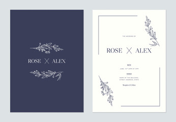 Wall Mural - Minimalist floral wedding invitation card template design, floral line art ink drawing on blue and bright grey