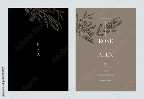 Minimalist floral wedding invitation card template design, floral line art in...