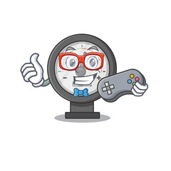 Canvas Print - Cartoon Mascot design of pressure gauge gamer using controller