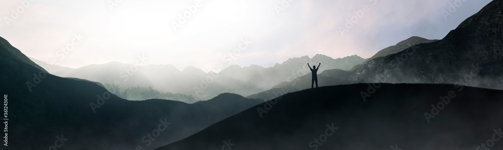 silhouette man at the top of the mountain - obrazy, fototapety, plakaty 