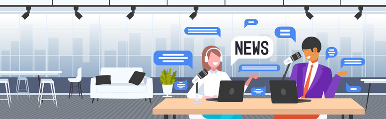 podcasters discussing daily news recording podcast in studio podcasting online radio concept man in headphones interviewing woman portrait horizontal vector illustration