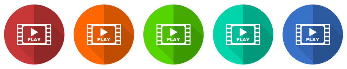 Aufkleber - Video icon set, red, blue, green and orange flat design web buttons isolated on white background, vector illustration