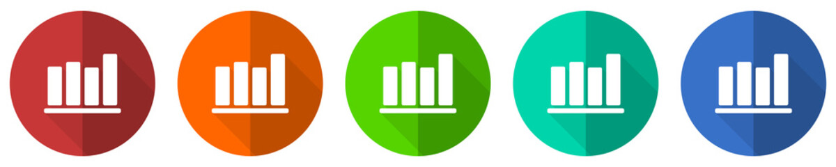 Fototapete - Bar chart icon set, red, blue, green and orange flat design web buttons isolated on white background, vector illustration.