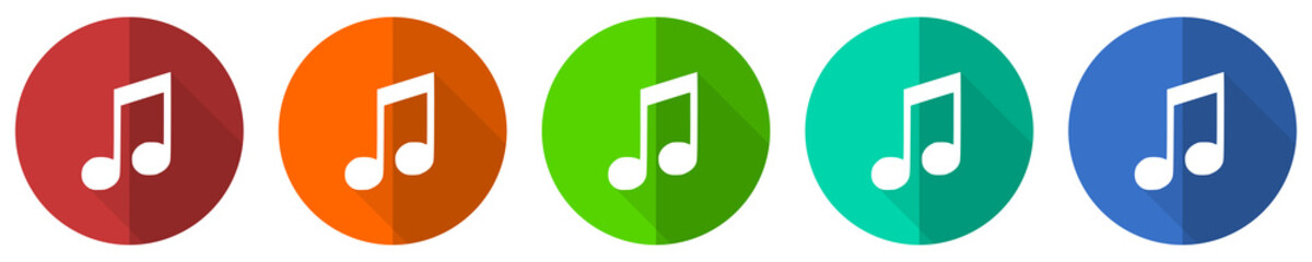Poster - Music icon set, red, blue, green and orange flat design web buttons isolated on white background, vector illustration