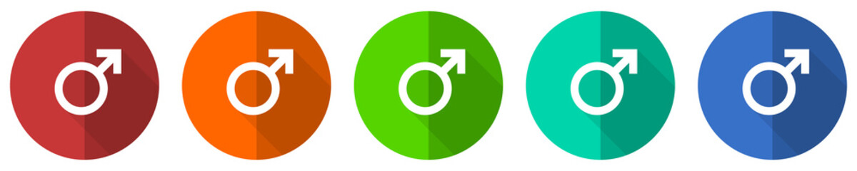 Aufkleber - Male icon set, red, blue, green and orange flat design web buttons isolated on white background, vector illustration