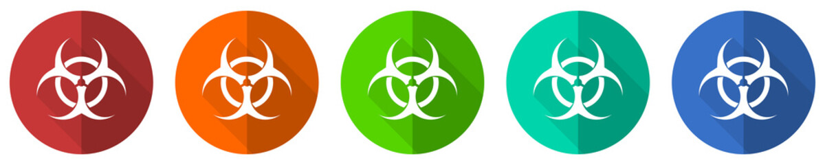 Leinwandbilder - Biohazard icon set, red, blue, green and orange flat design web buttons isolated on white background, vector illustration